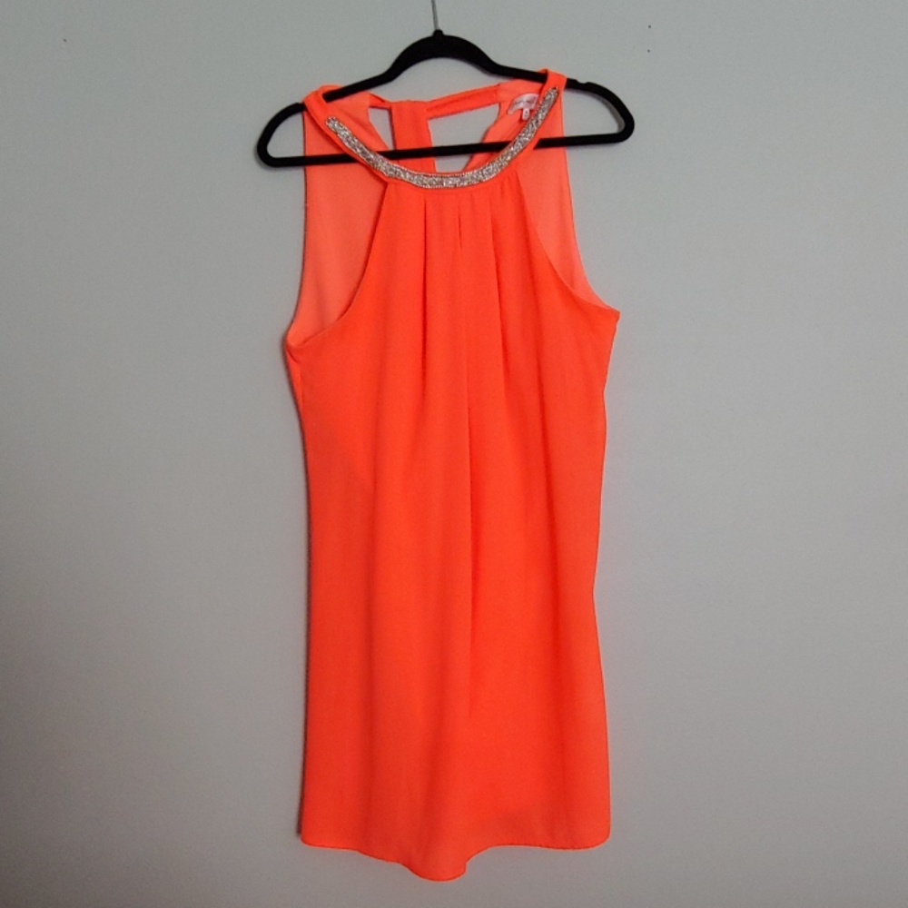 Florescent orange mini dress neckline rhinestones